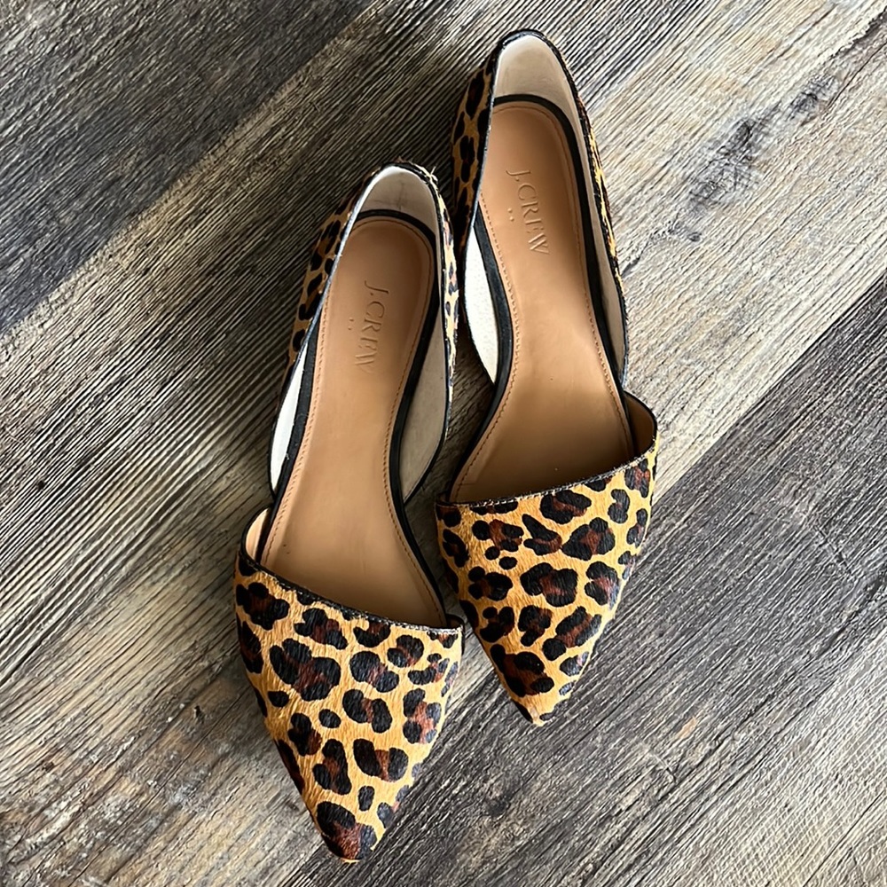 J Crew Leopard Pointed Toe Calf Hair Flats